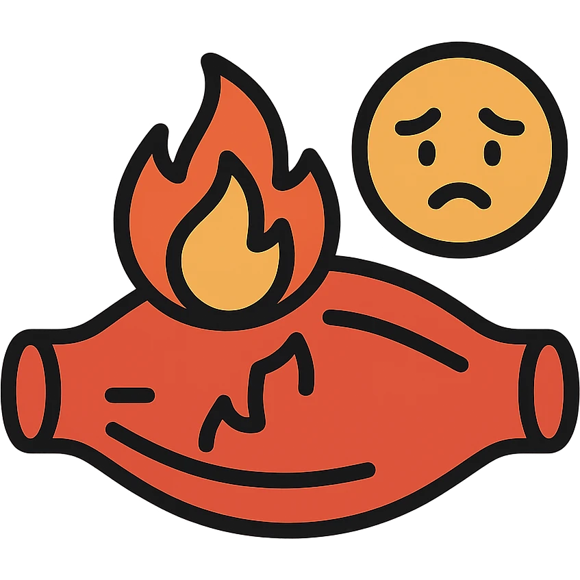 inflamed muscle or joint with fire symbol, sad face, orange-red color palette, medical cartoon icon emoji