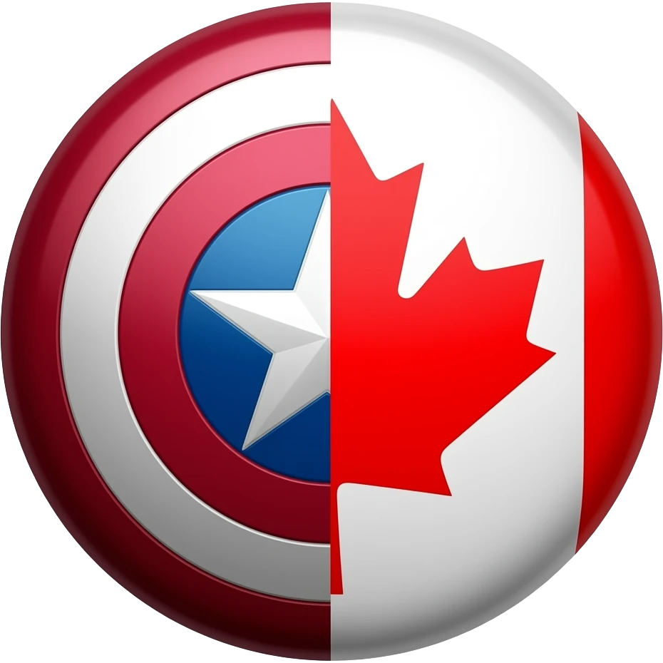 Half captain america shield on the left side and half a red canadian maple leaf on a white background on the other side emoji