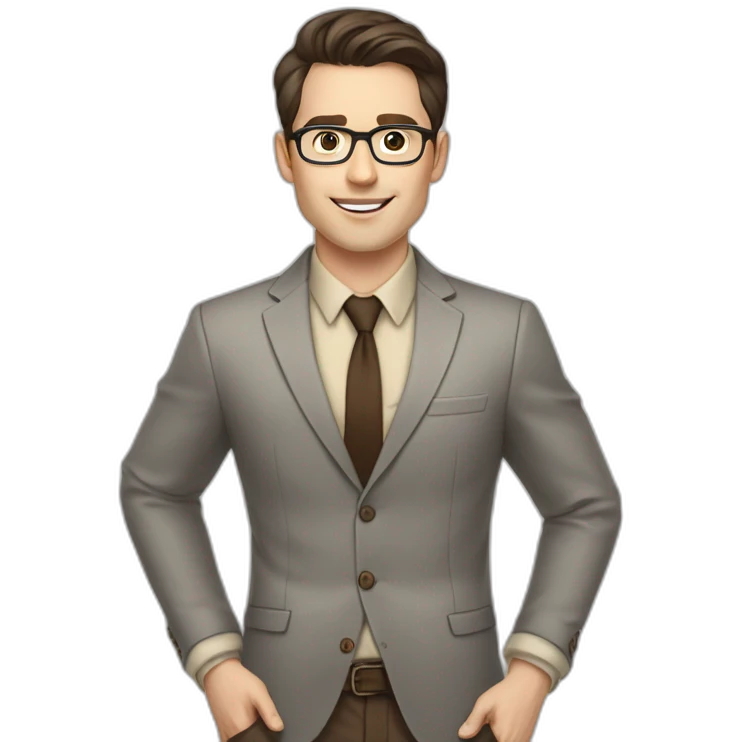 Pale skinned fit man with dark brown hair in gray jacket, beige office shirt, brown tie, brown pants and vintage glasses Writing on the marker board emoji