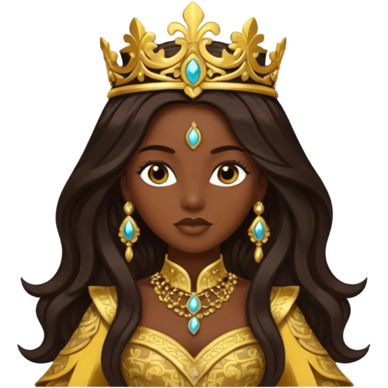 Bilquis from American Gods with dark skin, dark brown long hair, gold outfit emoji