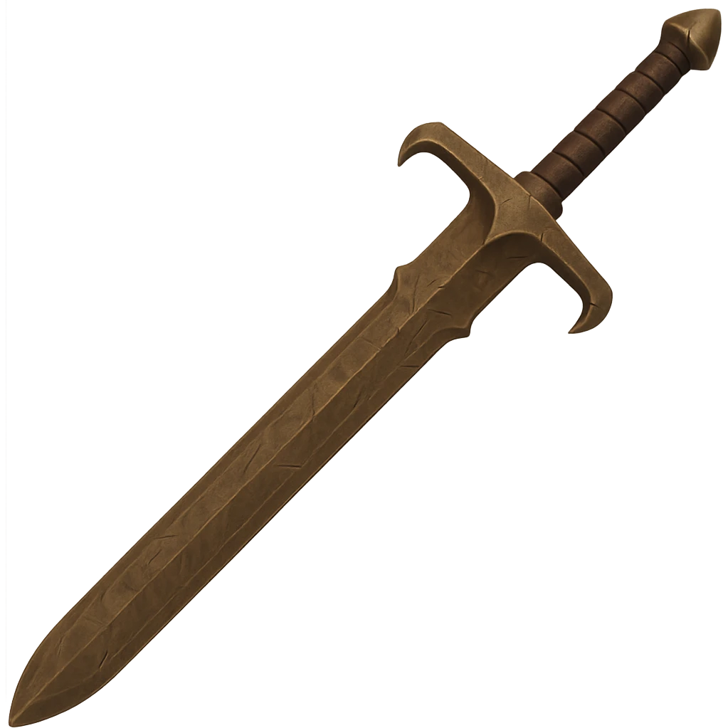 Create a bronze, worn version of a two-handed sword. Change the blade and guard to bronze with scratches and signs of wear. Remove all gems. The style should emulate the emoji style with a transparent background. emoji