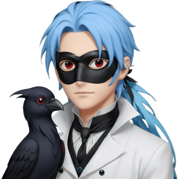 Handsome sexy adult anime man with light-blue hair and a black bird beak mask that covers whole face, black face mask, black mouth mask, black feathers draped over shoulder, wearing a white lab coat, long thin hair tendrils on the sides, with a mechanical raven sidekick, blue cravat, red eyes emoji