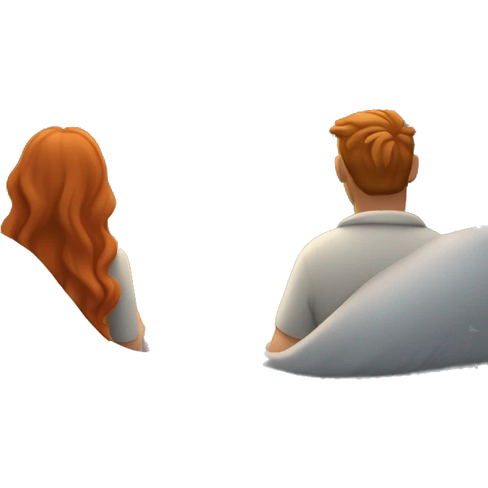 A view from behind a couple who are in a bed, just covered with a sheet that are watching a distant mountain top sunset. She has long red hair, he has light brown hair, short grey beard. emoji