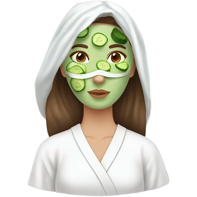 White girl with Brown hair and blue eyes wears a Green clay colored skincare textured mask and puts on cucumbers around her eyes while She relaxes in her white Robe emoji