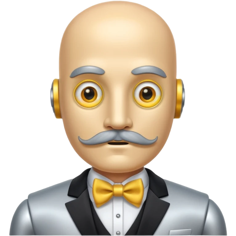 Silver robot with thick moustache, no hair, yellow eyes without pupils, wearing a tuxedo, buff emoji