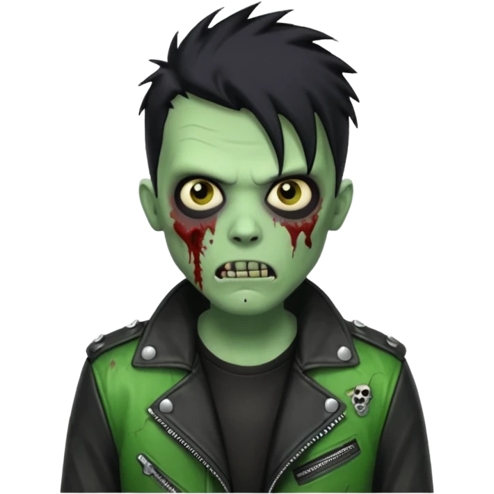 Hombre zombie de piel verde con chaqueta de cuero punk, pelo negro emoji