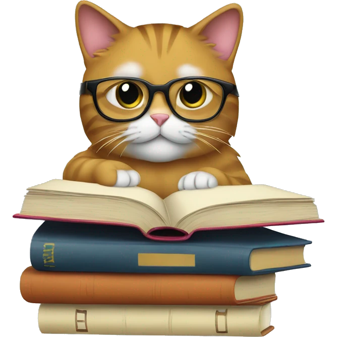 Cat studying, glasses, books, laptop emoji