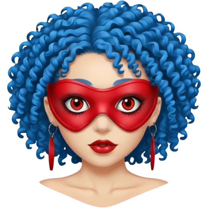 blue curly haired girl with huge earrings, wearing red paintball eye mask, emoji
