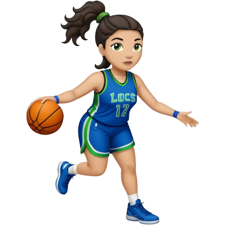 full body plus size light skin latino women basketball player with wavy dark hair in pony tail wide nose wearing blue uniform with green accent emoji