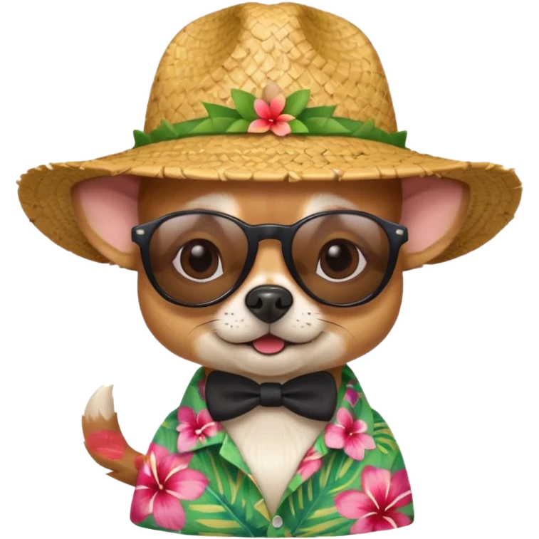 Chihuahua with sunglasses and straw hat, hawaii shirt emoji
