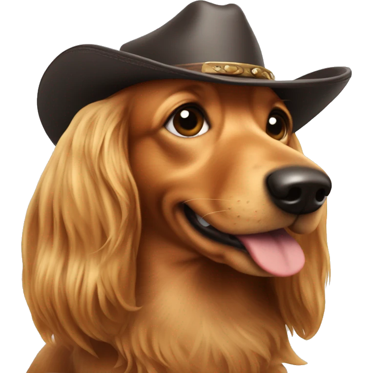 Long haired weenie dog with cowboy hat emoji