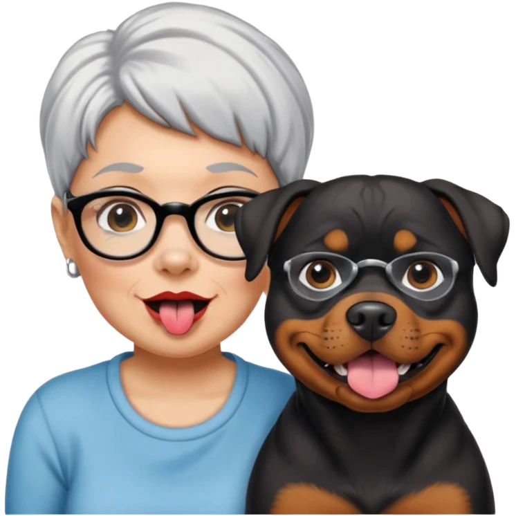 Pitt bull rottweiler white muzzle with black spots tongue out next to older woman with short silver hair emoji