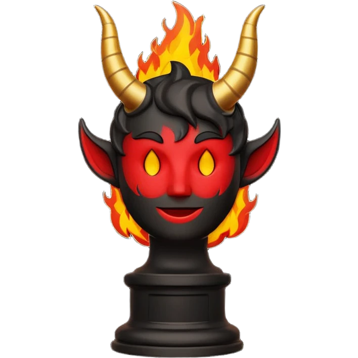 Minimalist emoji-style sticker of an Oscar-like statue with horns and fire at the base, thick black and red colors, silhouette style emoji