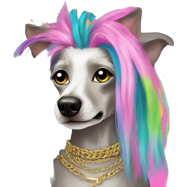 Punk Chinese crested dog neon rainbow hair gold chain punk piercings tattoos punk ear piercings emoji