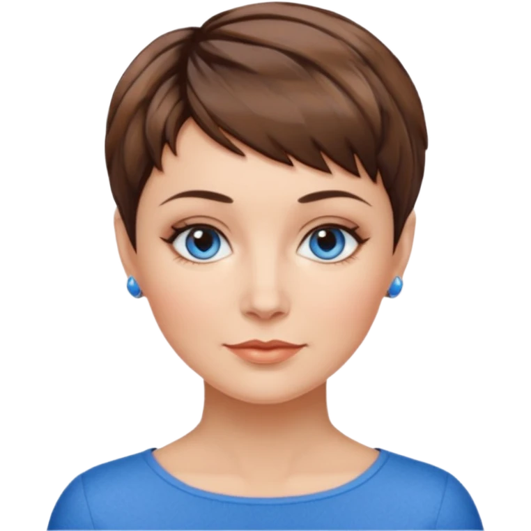 Frau, braun balayage, kurzhaarfrisur Pixie schnitt, blaue Augen, mittleres alter emoji