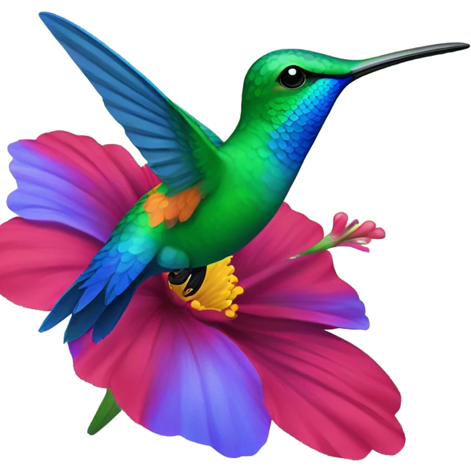Bright colorful hummingbird in blues and green hovering over a red flower emoji