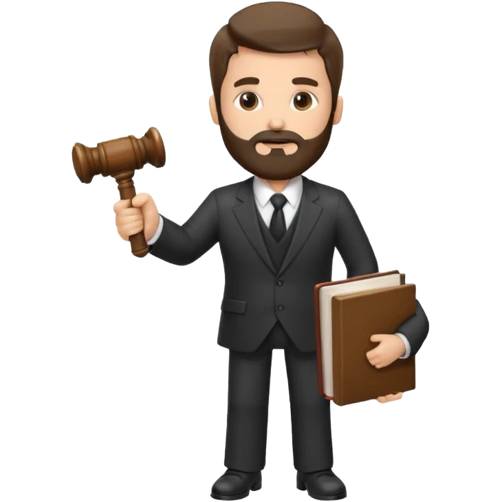 Create a male lawyer. he is wearing a fromal suit jckeret. He is holding a gavel in one hand and a book tucked under his another arm. He has beard. And the hair is kinda darker but not black. and is kinda short at the layers emoji