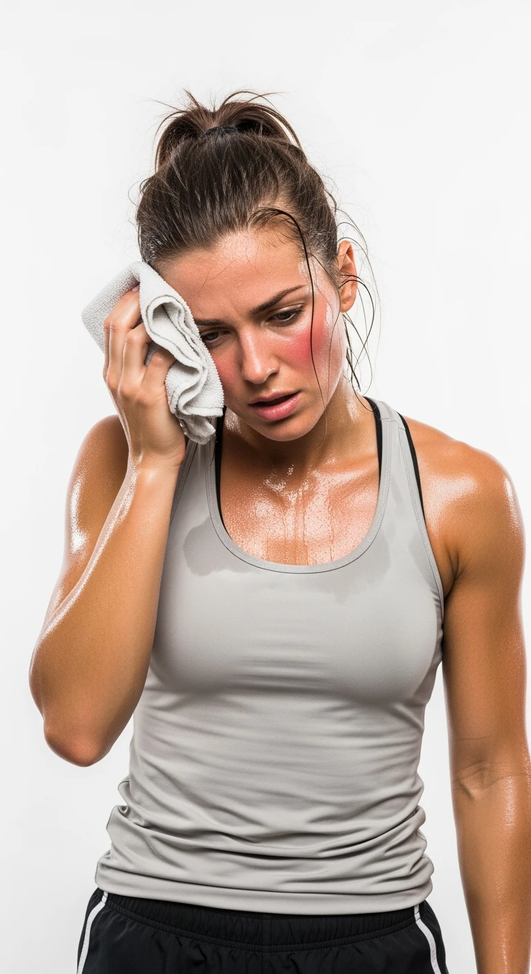 donna fitness molto stanca che si asciuga il sudore, iperrealistico 4k, sfondo bianco emoji
