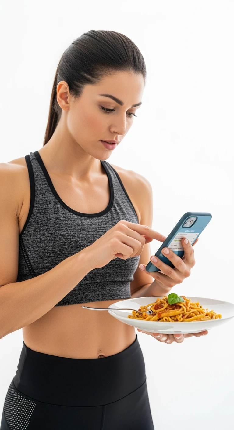 donna fitness che calcola ossessivamente le calorie di quello che sta mangiando: in mano ha un piatto di pasta e nell'altra mano ha lo smartphone per segnare tutti gli alimenti, sfondo bianco emoji