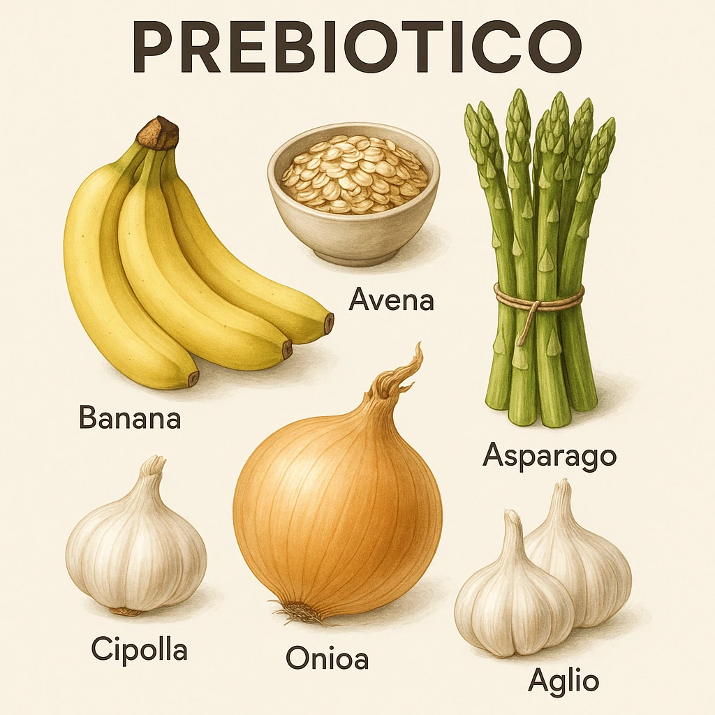 realistic and informative illustration showing only prebiotic foods on a light background, examples: bananas, oats, asparagus, onion, garlic, each food labeled in Italian as 'Prebiotico', clean and modern style emoji