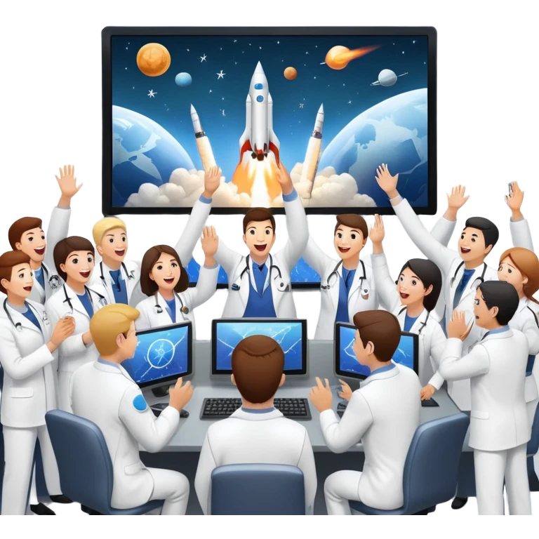 cheering mission control room with big screen showing successful rocket launch emoji