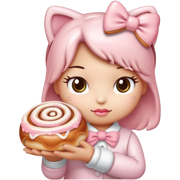 Hello kitty with a light pink bow holding a cinnamon roll emoji