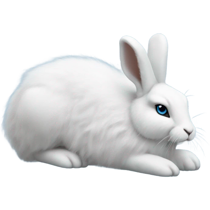 snowshoe hare very fluffy, no legs. laying down, side view, blue eyes emoji