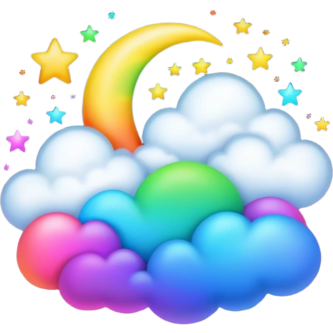 Neon rainbow colored moon with stars and clouds emoji