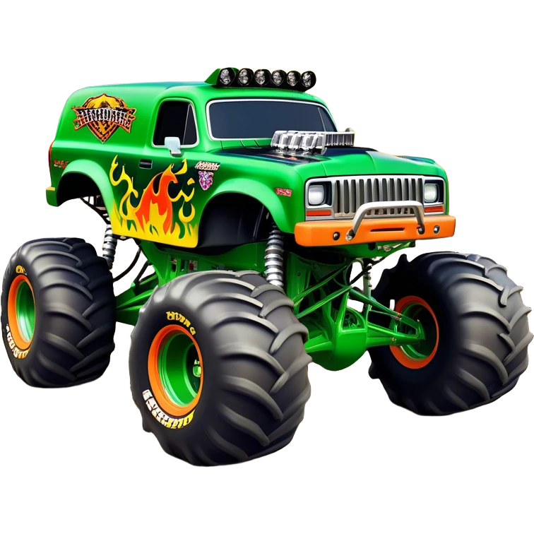 Grave Digger - Monster Jam (Model Year: 2022) (Iconic colour: Green with flames) - A legendary monster truck with a fearsome design: predominantly deep green with dynamic, vibrant flame graphics in bright orange and yellow. Highlight its rough, edgy bodywork and an aura of untamed rebellion. emoji