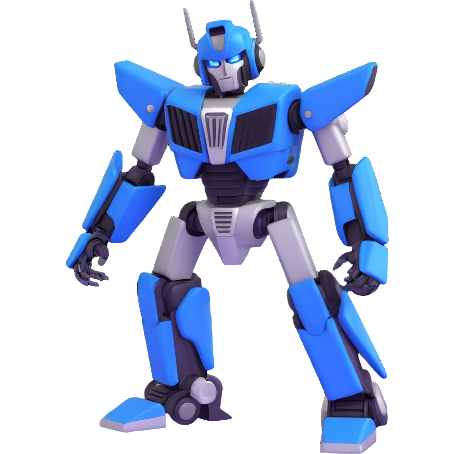 simple transformer robot in royal blue, black, and silver details, with an animated expression emoji