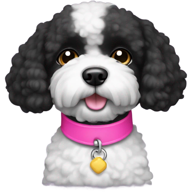 Black bichon dog with a pink collar emoji