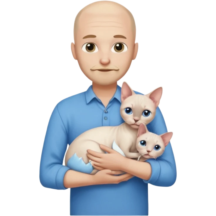 A couple a man and a woman. The man  is bald with a tiny beard and wearing a blue shirt, is holding a Siamese cat in his arms. The woman, who has light hair and is wearing a white dress, is holding a white Sphynx cat in her arms emoji
