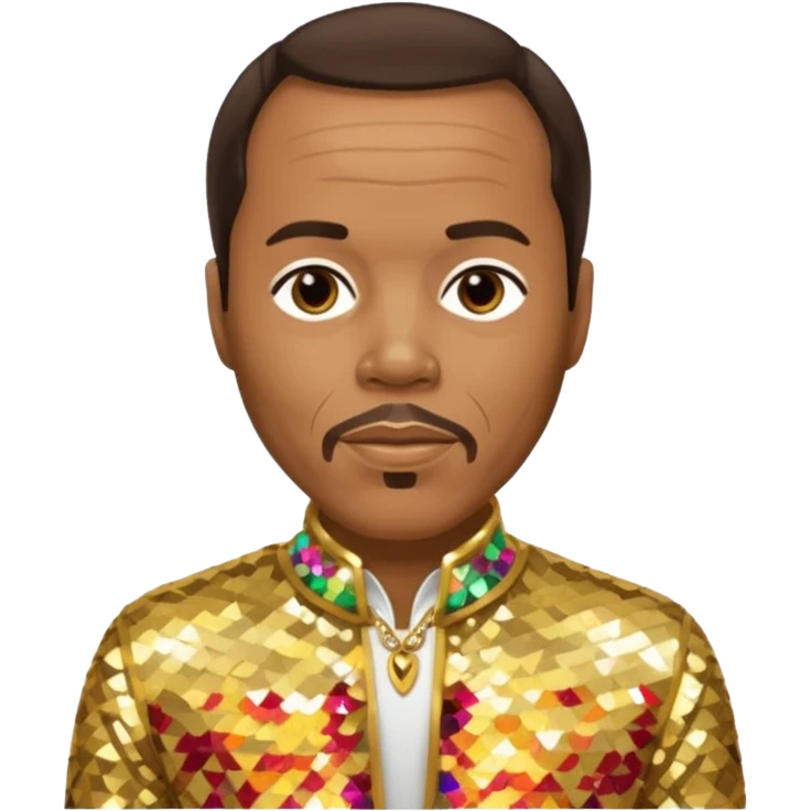 Quincy Jones with dark brown hair, gold sequin outfit  emoji