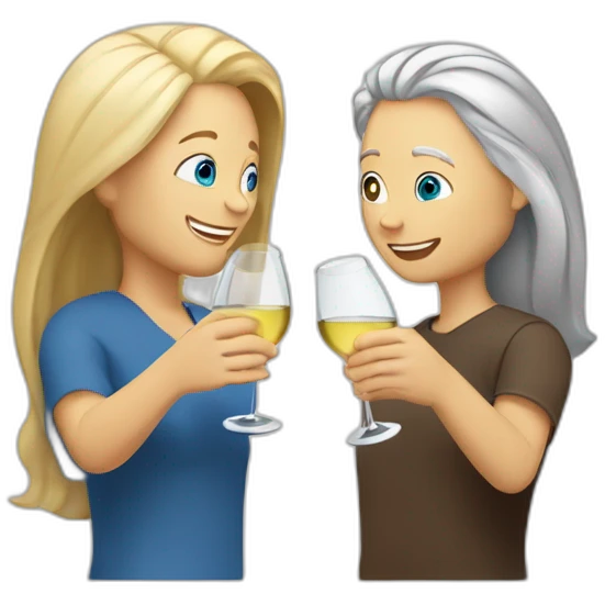 A white woman with blue eyes and blond medium long hair and a white man with brown eyes and grey hair, they toast to each other with a glass of white wine. emoji