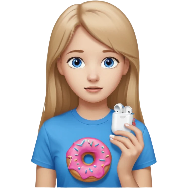 una ragazza dall‘ età di 19 anni con capelli biondo scuro lunghi e lisci ,  occhi celesti,  con addosso una maglietta con una ciambella e le cuffie airpods (bianche) ascoltando violetta emoji