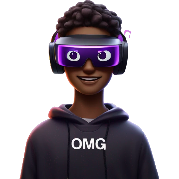 Happy student wearing a black hoodie with "OMG" letters on it and VR headset oculus quest 2 in a cyberpunk VR environment with violet neon lighting. emoji