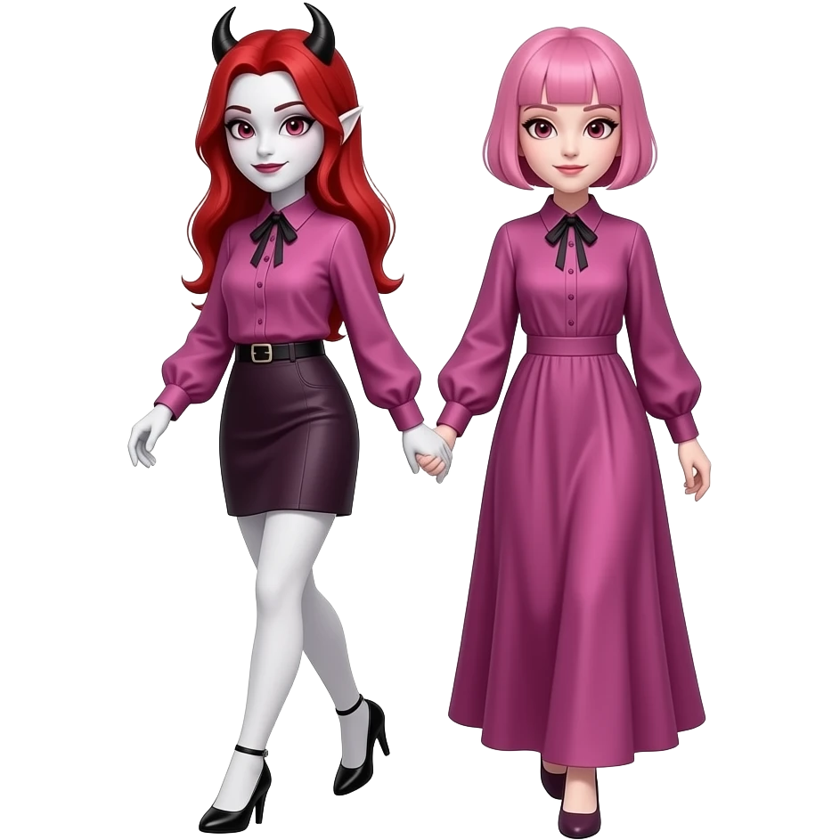 Vampiro femmina ADOLESCENTE con pelle bianca e capelli rossi raccolti in mezza cosa indossa una gonna corta e una camicetta abbinata con i tacchi neri e cammina con la sua amica VAMPIRA con i capelli corti rose e la frangia e con una camicetta abbinata lunga che fa' da vestito emoji