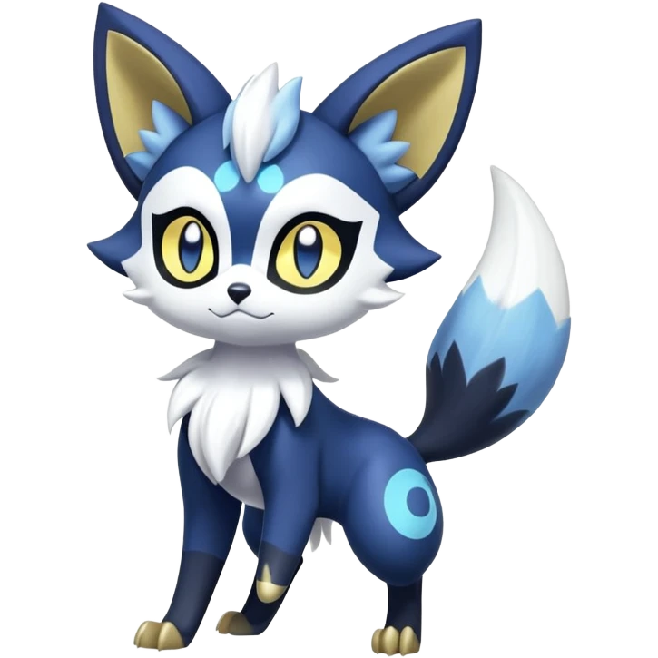 Shiny mExotic Colorfulj Excessive Mysterious Gothic Meowstic-Zorua-Poochyena-Pokémon-Fakémon-hybrid-creature (full body) with pattern-markings with golden eyes emoji