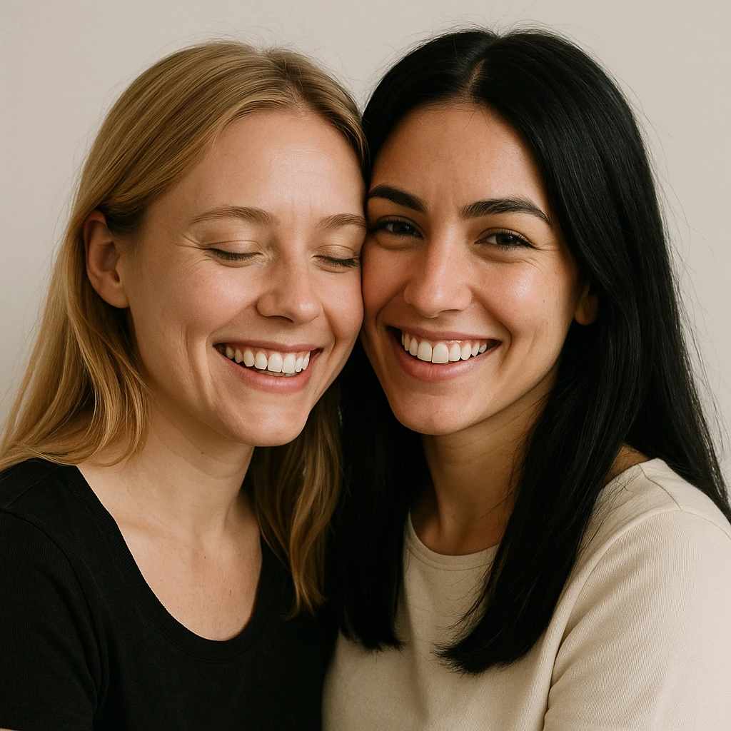 blonde and black-haired lesbian couple, close together, happy expression, minimal background emoji