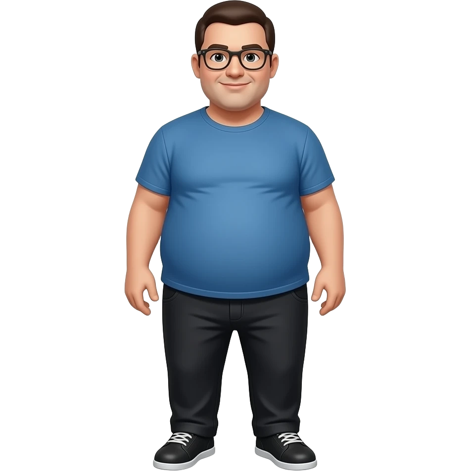 chico con camiseta azul pantalones negros pero con piernas zapatos i que tenga mas 18 años i que el chico sea gordo emoji