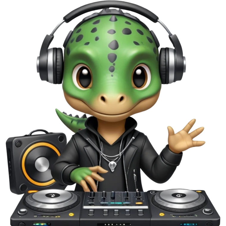 Dinosaurio muy tierno músico DJ con ropa negra futurista con nombre verexxo  emoji