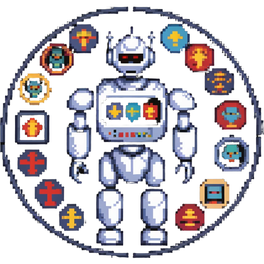 Pixel art of a robot man with a circular chest divided into four segments showing icons for visual art, music, theater, and literature emoji