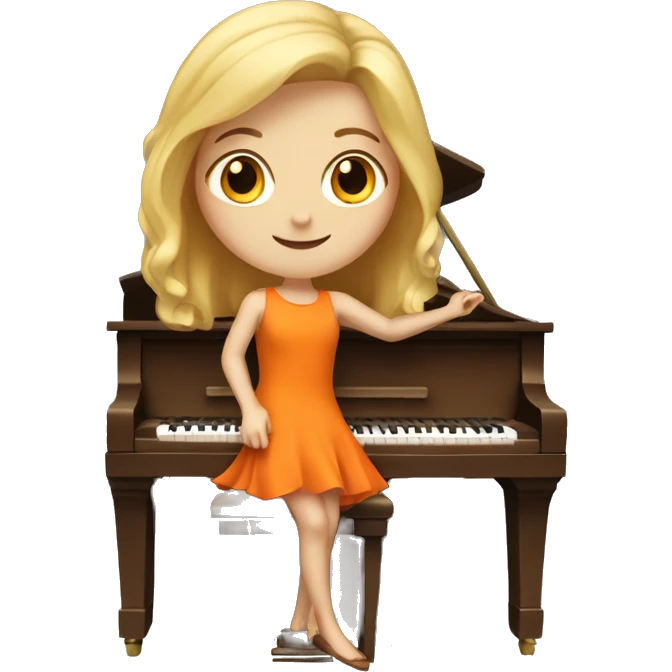 Blonde girl wearing an orange dress playing a brown upright piano emoji