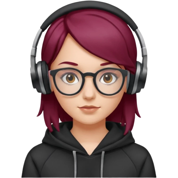 white girl with burgundy hair, gray square glasses, black deportive hoodie and black headphones emoji