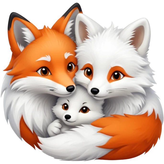 A couple, orange fox cuddling an arctic white fox emoji