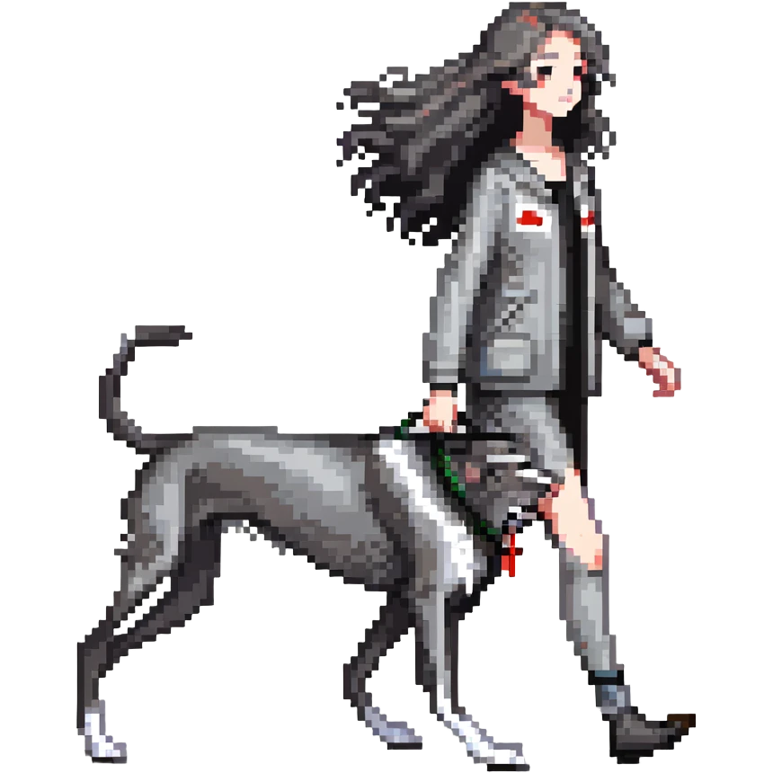 Japanese girl with flowing hair walking a solid grey greyhound with no white markings emoji