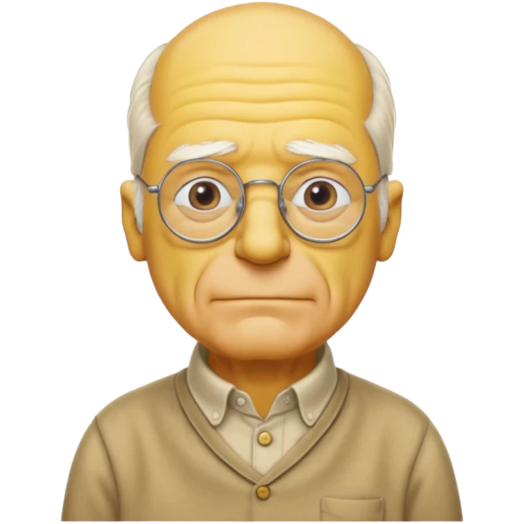 A 3D cartoon close-up of Grandpa Abe Simpson, yellow skin, bald head with side tufts of white hair, glasses, wrinkled face, beige shirt with collar, soft yellow lighting, cinematic Memoji-style portrait consistent with other Simpsons family members, yellow dress. emoji