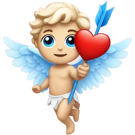 Photo of flying pale cupid with blue eyes and red heart arrow  emoji