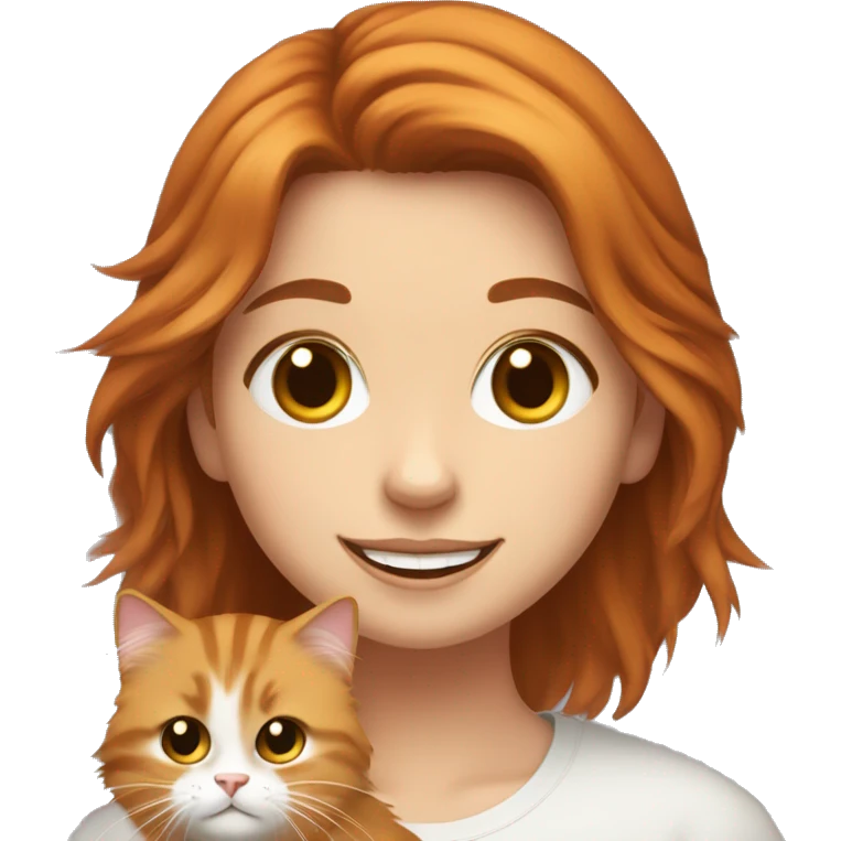 happy girl with brown eyes and ginger hair holding a Siberian fluffy cat emoji