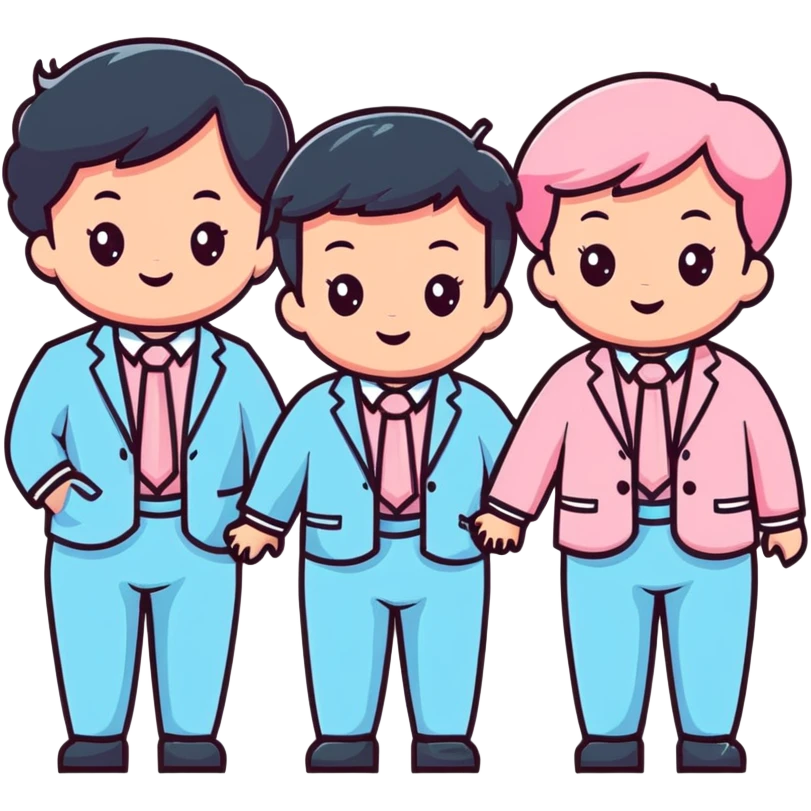 triplet toddlers with two girls in pastel pink clothes on each side and a boy in pastel blue suit in the middle emoji
